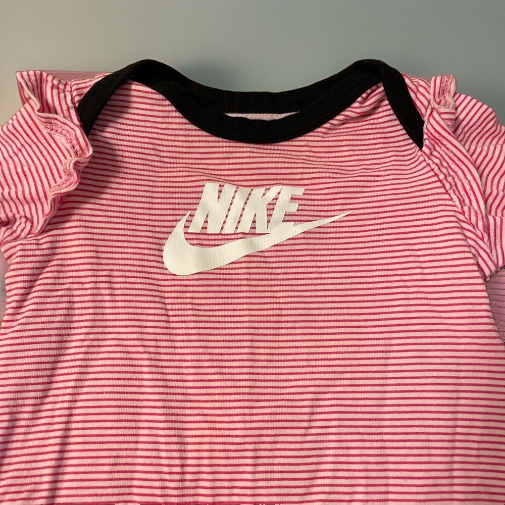 Nike Baby Girls Size 3M Long Sleeve Pink White Striped Logo Bodysuit - Picture 2 of 9